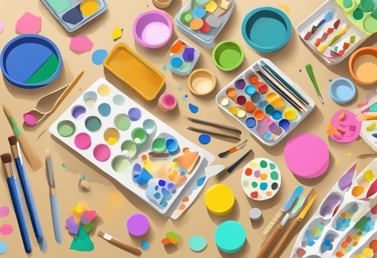 A table with various craft supplies for making magnets at home. Paint, brushes, small wooden shapes, glue, and colorful paper scattered around