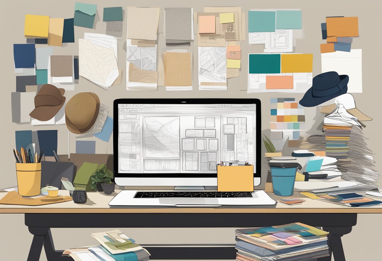 A cluttered desk with design sketches, fabric swatches, and a laptop displaying market research. A mood board on the wall showcases hat styles and color palettes