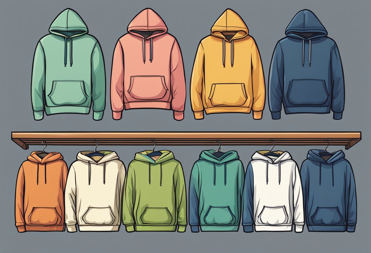 A hoodie and a sweatshirt hanging side by side on a coat rack