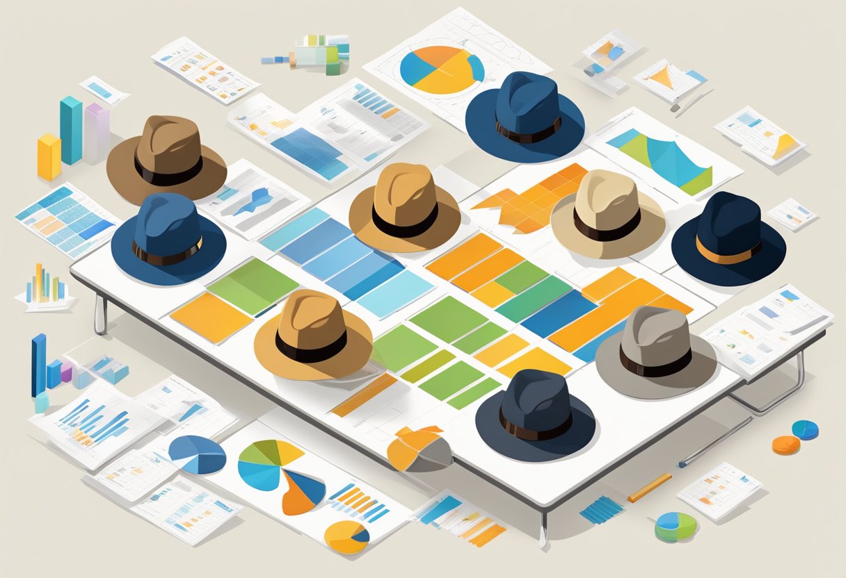 A table with various hat styles displayed, surrounded by charts and graphs showing pricing and sales strategies