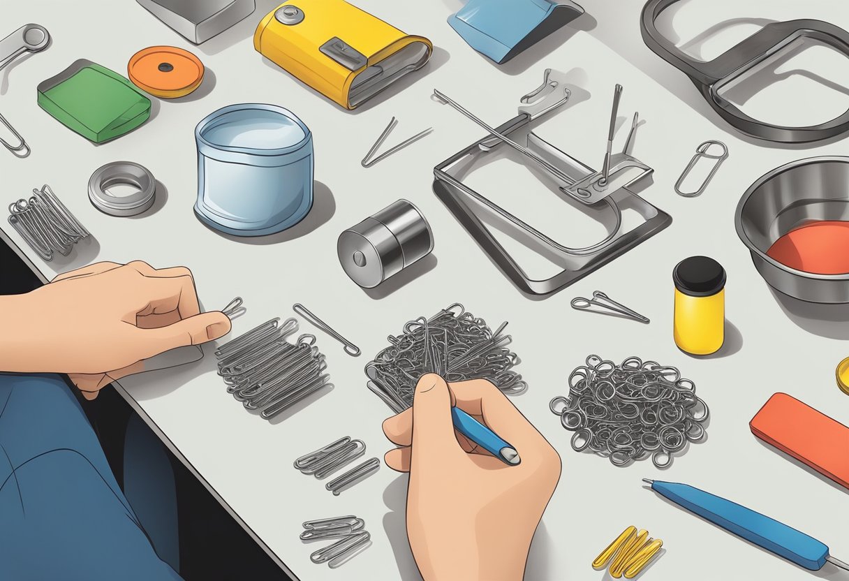 A table with various household items like paperclips, nails, and small metal objects. A person is seen using a magnet to demonstrate how to create homemade magnets