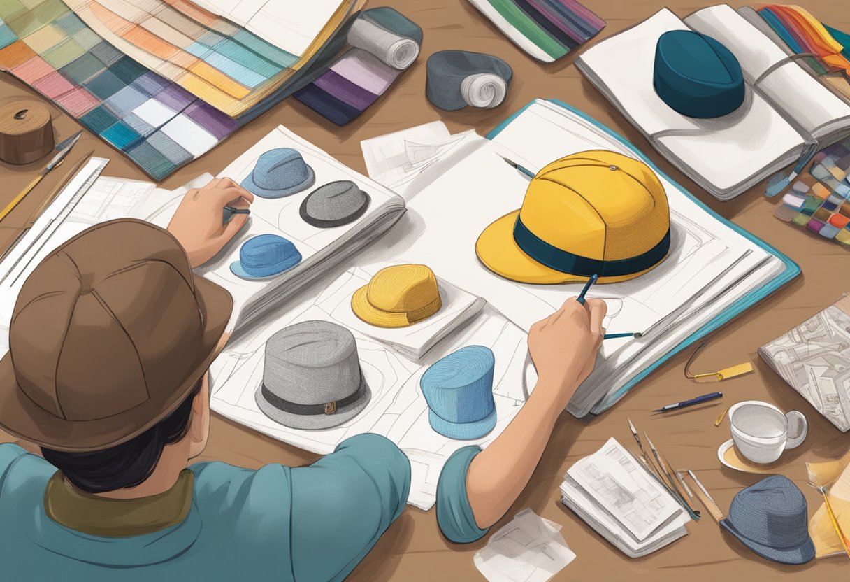 A person sketching designs for hats, surrounded by fabric swatches, measuring tape, and a sketchbook filled with ideas