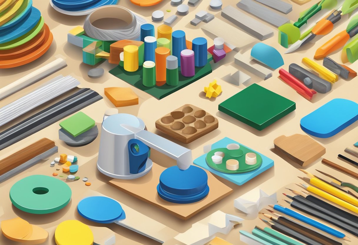 A table with various materials like magnets, glue, and decorative items laid out for making specialty magnets at home