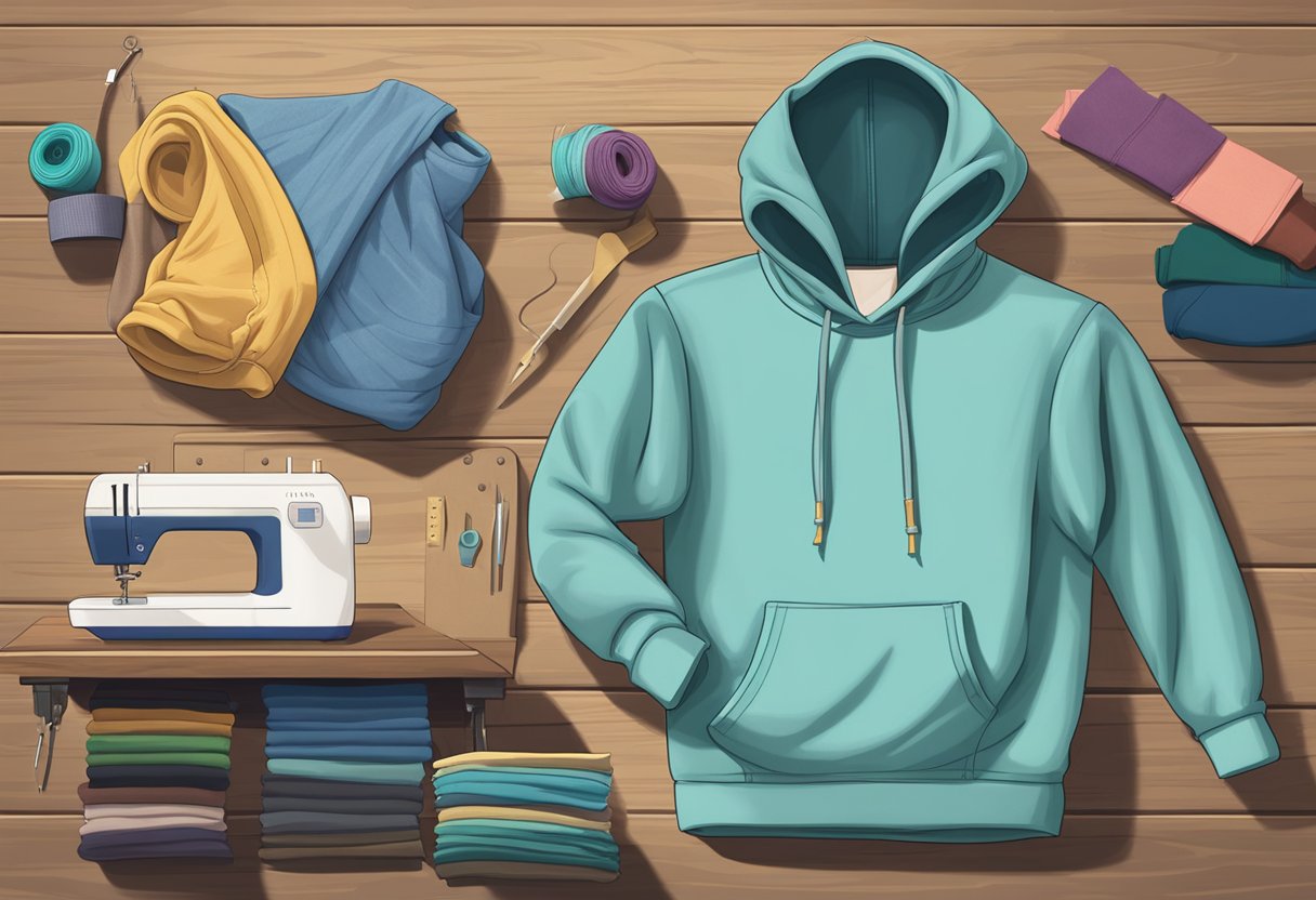 A hoodie and a sweatshirt lie side by side on a wooden table, surrounded by measuring tape, fabric swatches, and a sewing machine