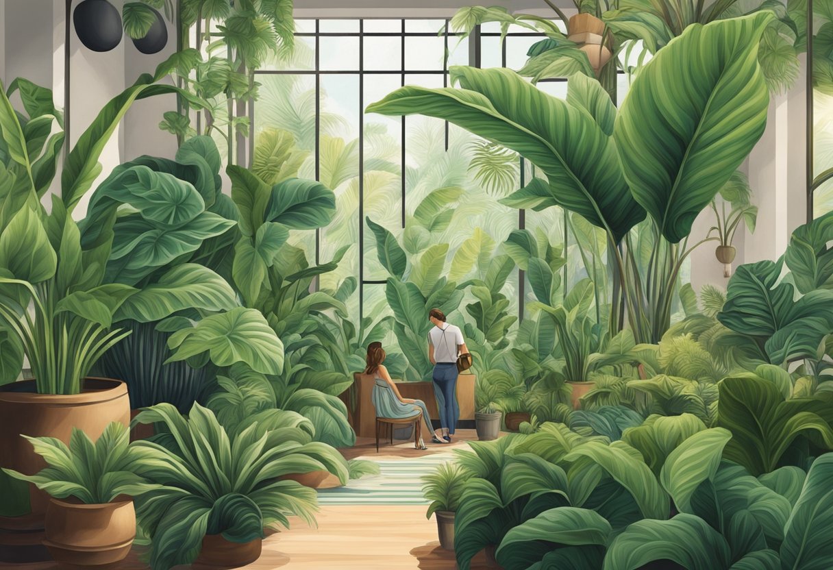 A lush, tropical setting with a Calathea louisae plant surrounded by curious onlookers