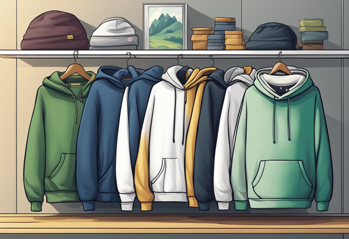 A hoodie and a sweatshirt side by side on a shelf, with a focus on their different design features and functional elements