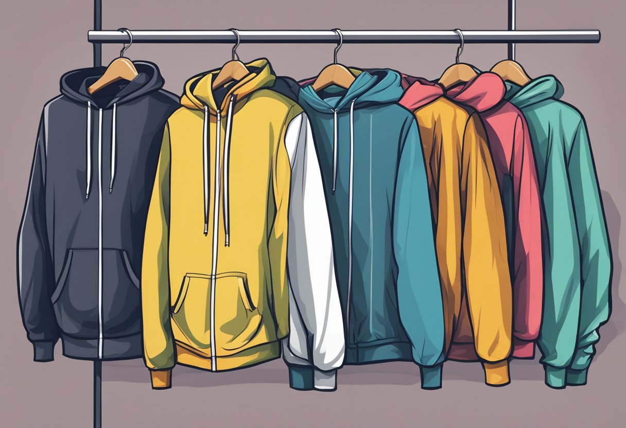 A hoodie and sweatshirt hanging side by side on a clothing rack