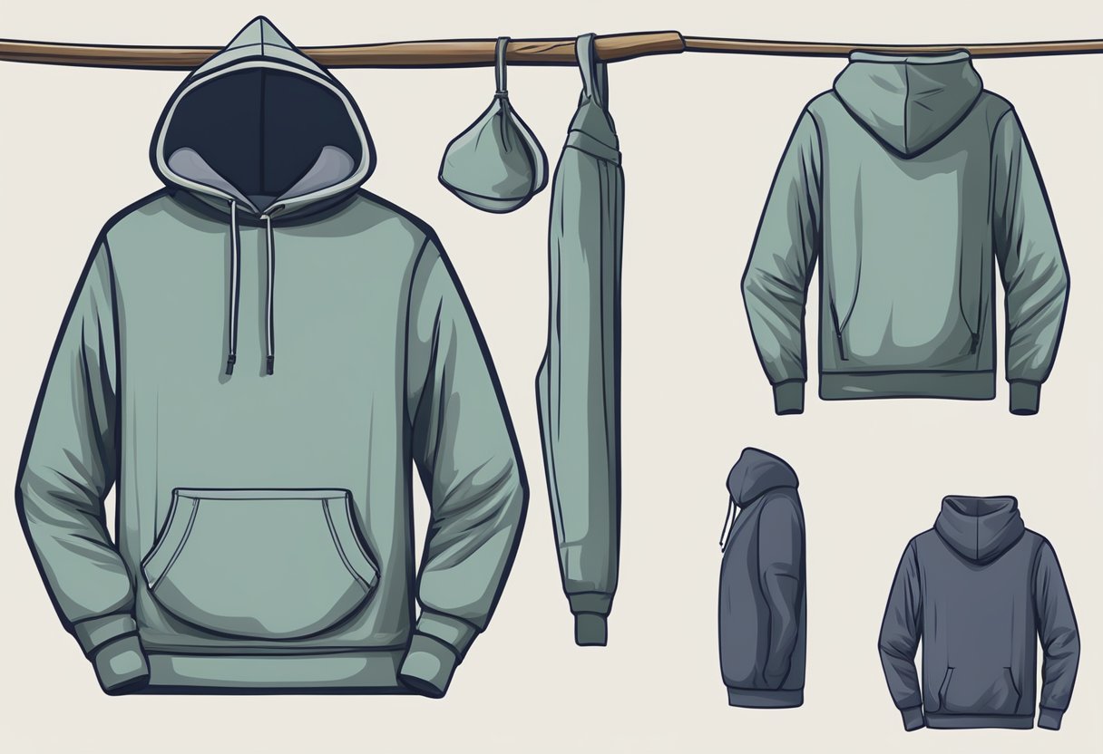 A hoodie and sweatshirt hang side by side on a clothesline, the hoodie featuring a drawstring hood and front pocket, while the sweatshirt has a crew neck and no hood