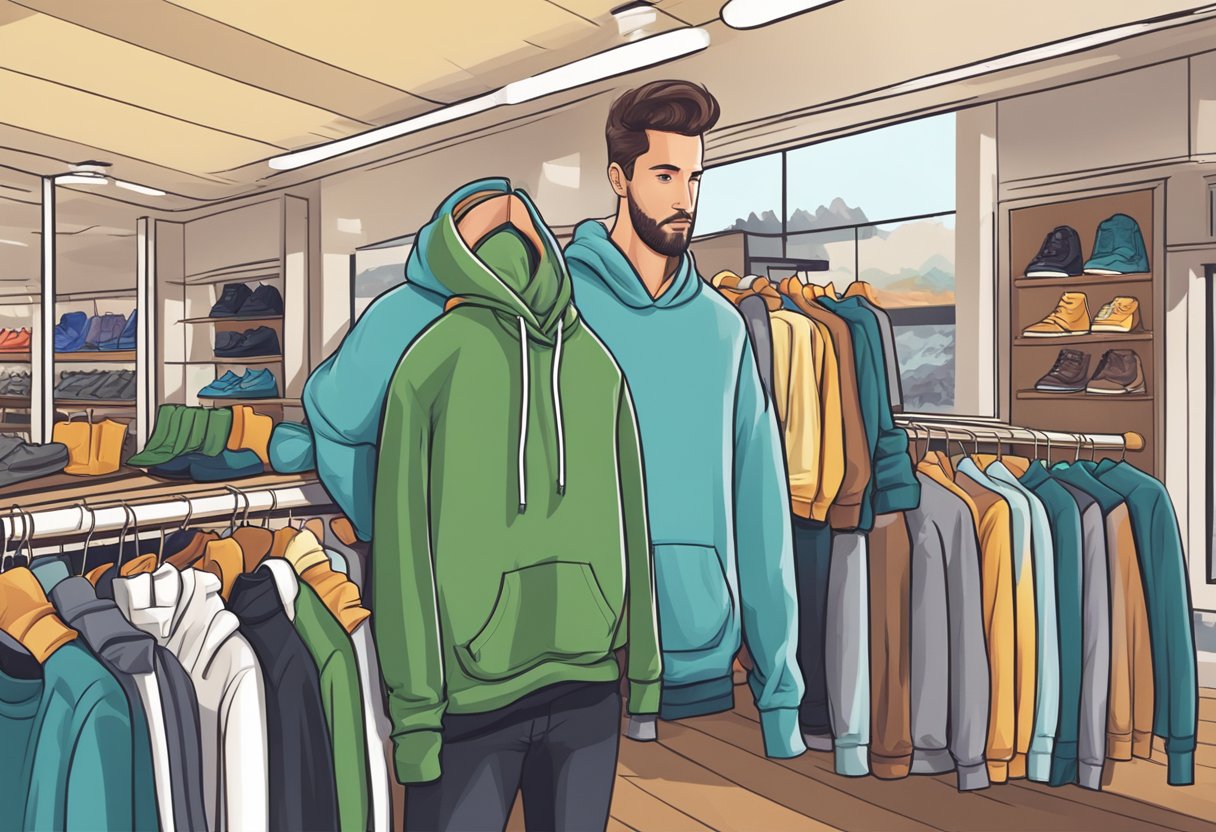 A customer comparing a hoodie and a sweatshirt on display in a clothing store