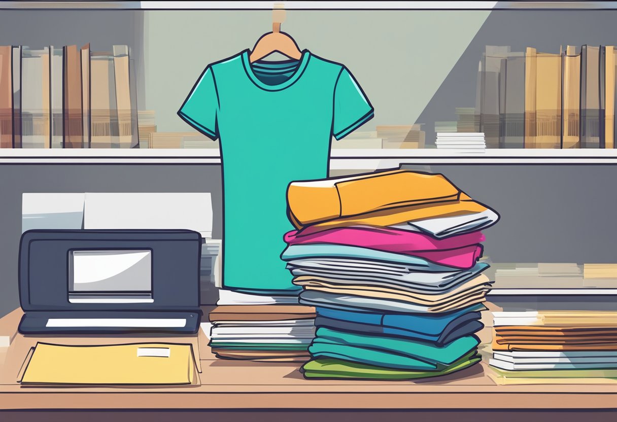 A stack of colorful t-shirts on a table with a calculator and financial documents, representing a business's profit margin analysis