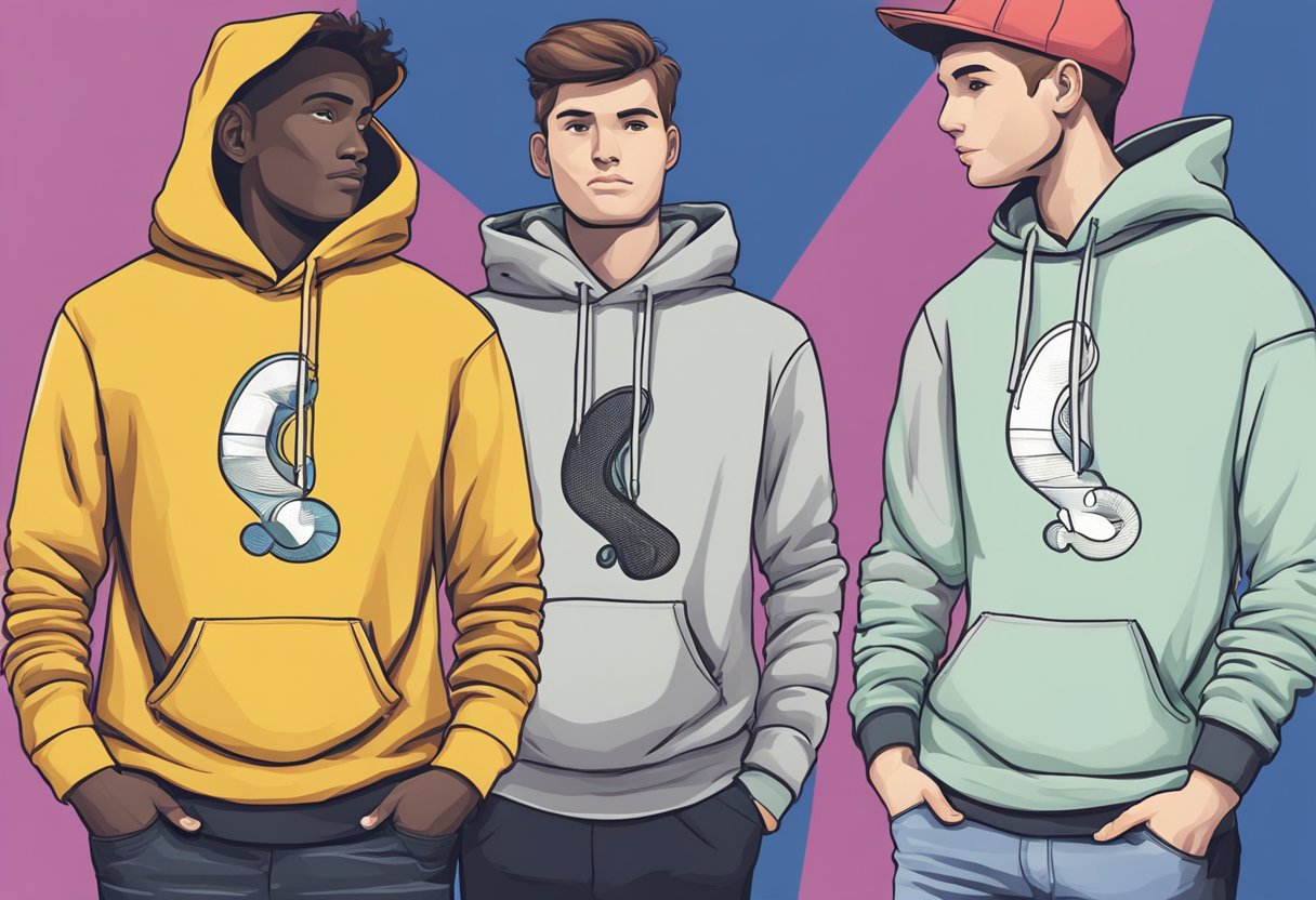 A hoodie and a sweatshirt side by side, with a question mark hovering above them