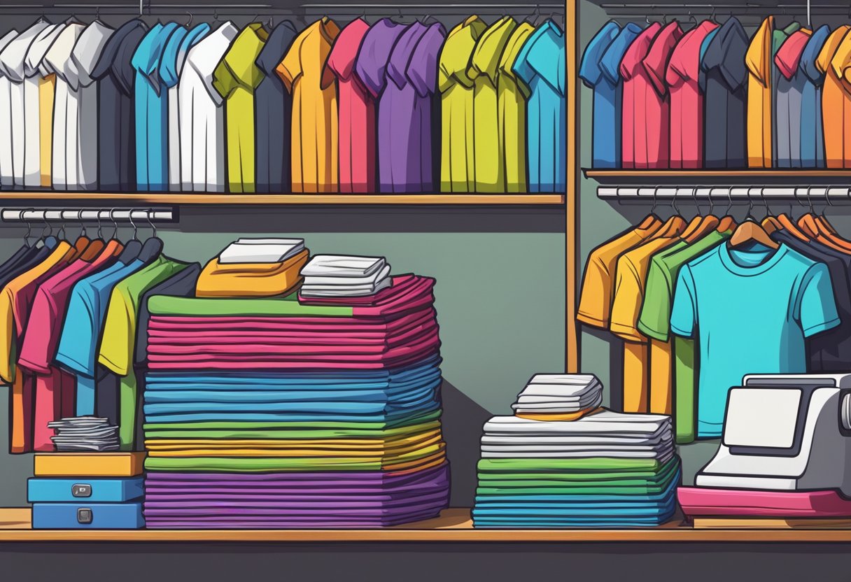 A colorful array of t-shirts stacked neatly on shelves with a cash register and calculator nearby, representing the business aspect of t-shirt sales