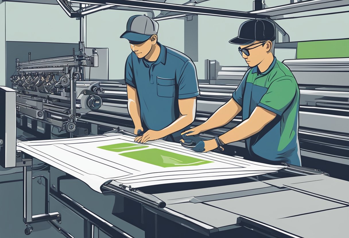 A factory worker operating a screen printing machine, while another worker inspects freshly printed t-shirts for quality control