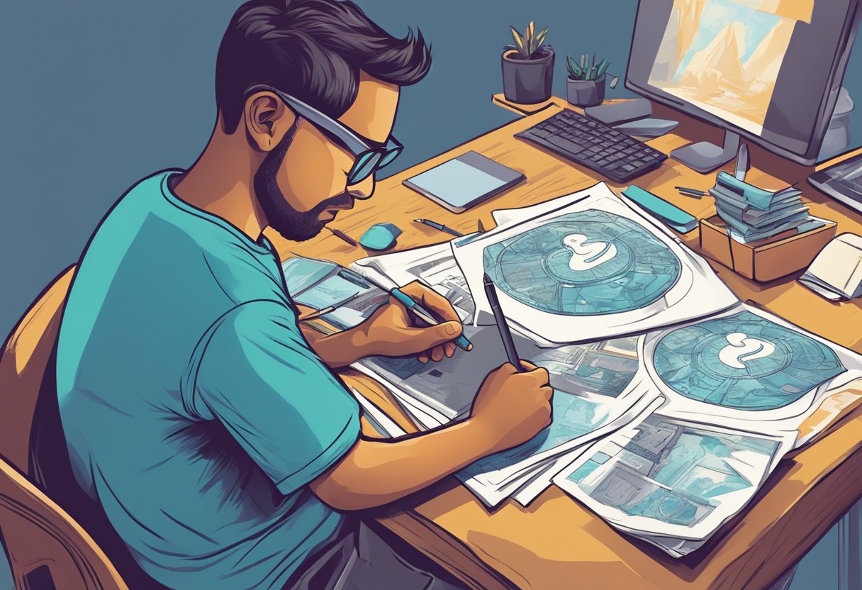 A person creating original t-shirt designs while researching copyright laws and trademarks