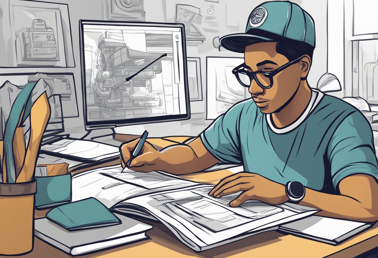 A person creating a t-shirt design while researching copyright laws and avoiding infringement