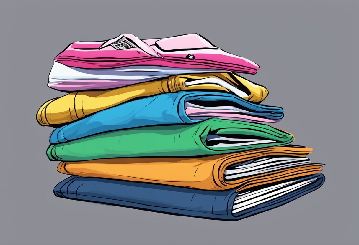 A stack of colorful t-shirts with various designs, ready for printing, alongside a calculator and profit margin calculations