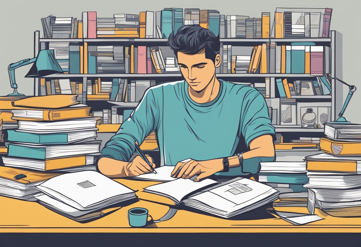 A designer creating original t-shirt designs, surrounded by copyright law books and creating sketches