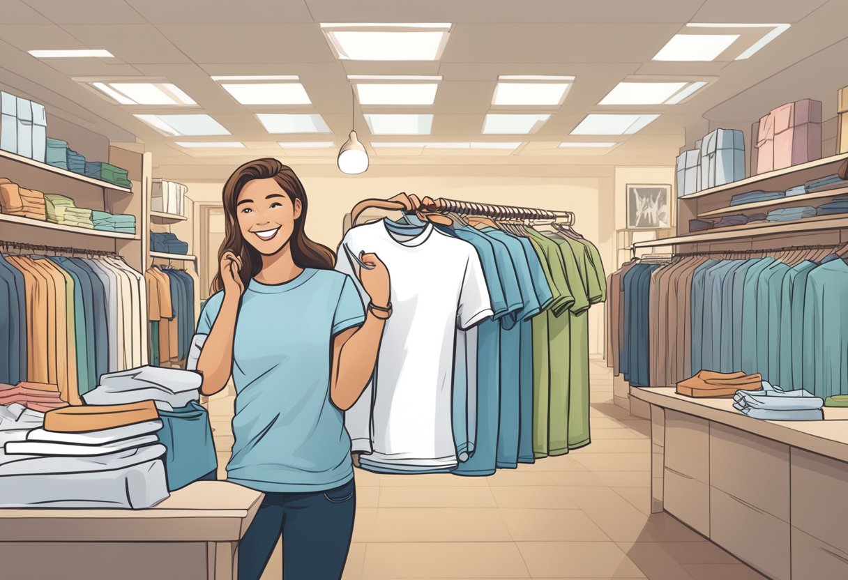 A customer smiling and trying on a soft, high-quality t-shirt in a well-lit, organized retail store