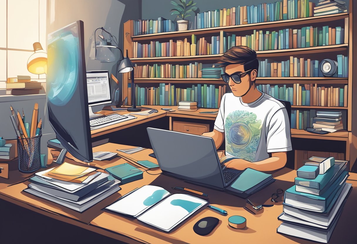 A designer creating original artwork for t-shirts, surrounded by copyright law books and a computer with design software