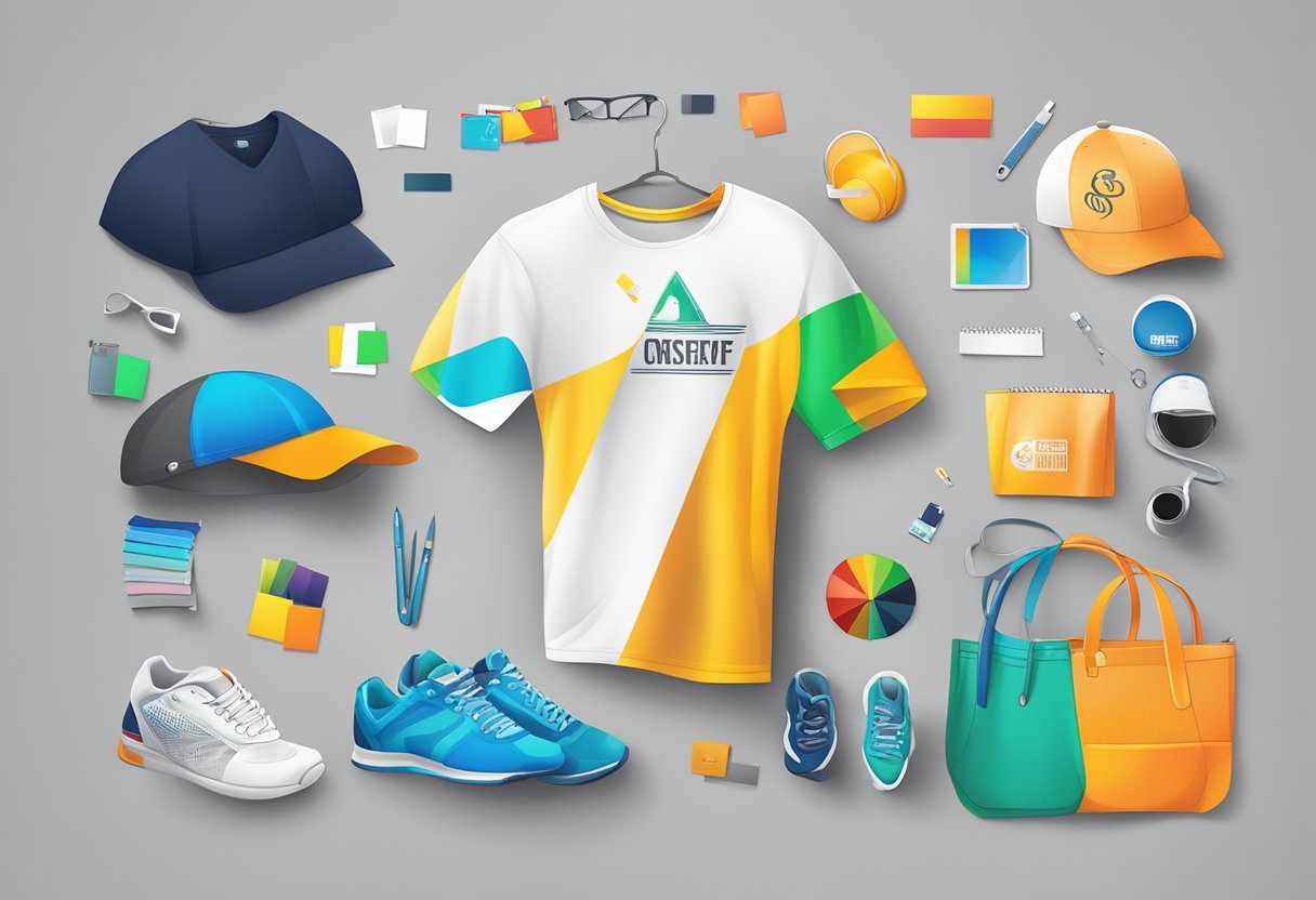 A colorful t-shirt surrounded by marketing and branding essentials like a logo, color swatches, and a price tag