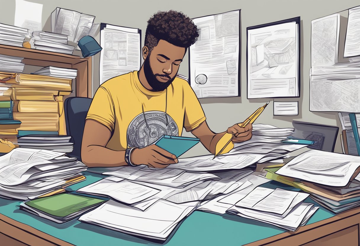 A designer researching copyright law surrounded by t-shirt sketches and legal documents