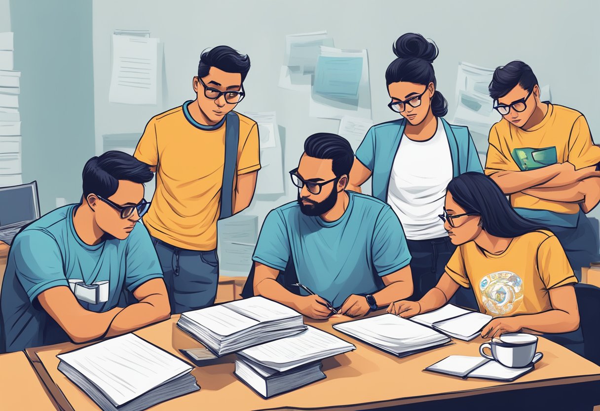 A group of t-shirt creators brainstorming ideas while surrounded by legal documents and copyright guidelines