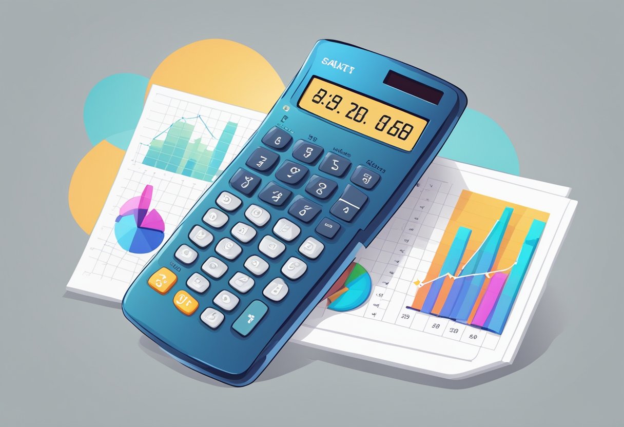 A calculator and a graph showing an upward trend in profits for t-shirt sales