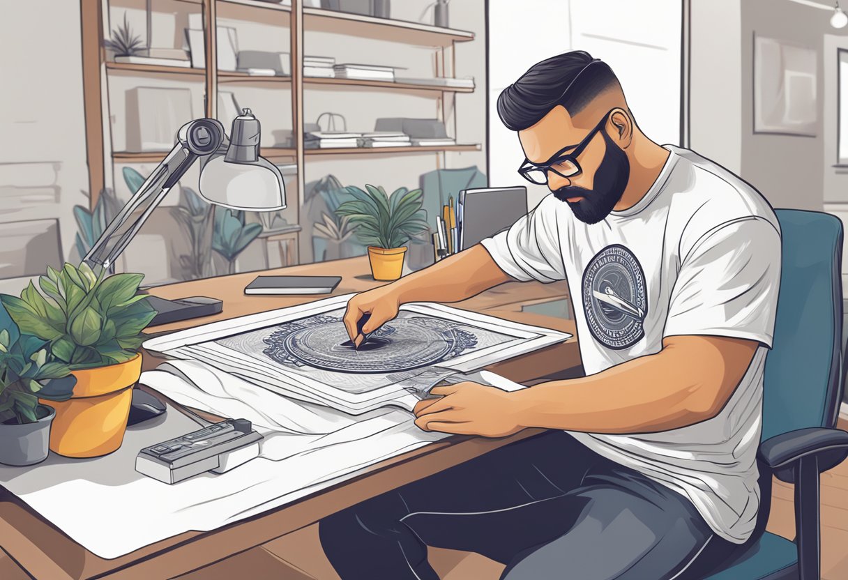 A designer creating original t-shirt designs while researching copyright laws and trademarks to avoid infringement