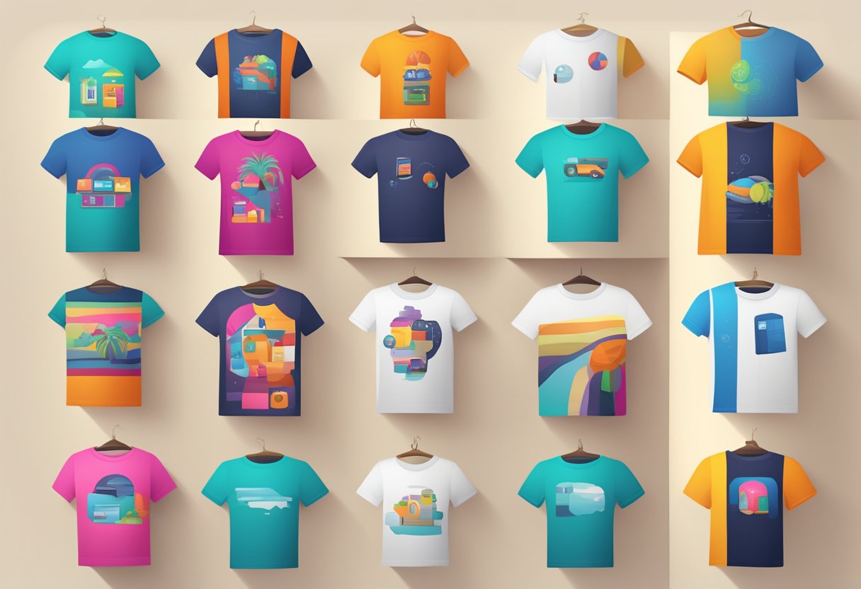 A vibrant online marketplace with various t-shirt designs displayed on virtual storefronts, attracting a diverse range of potential customers