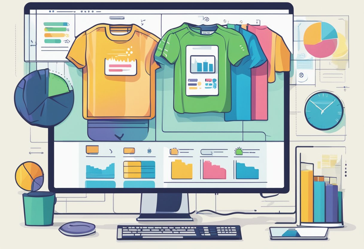 A computer screen showing various ecommerce platforms with t-shirts displayed, surrounded by charts and graphs