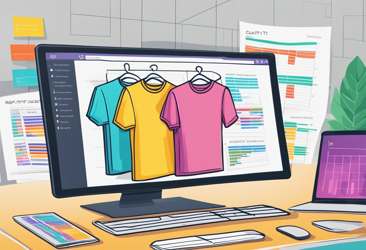 A stack of colorful t-shirts with a profit margin chart and a list of frequently asked questions displayed on a computer screen