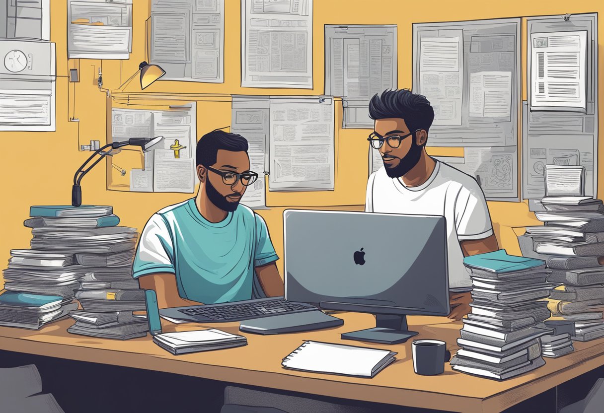 A person researching legal advice and resources on a computer, surrounded by t-shirt designs and copyright symbols