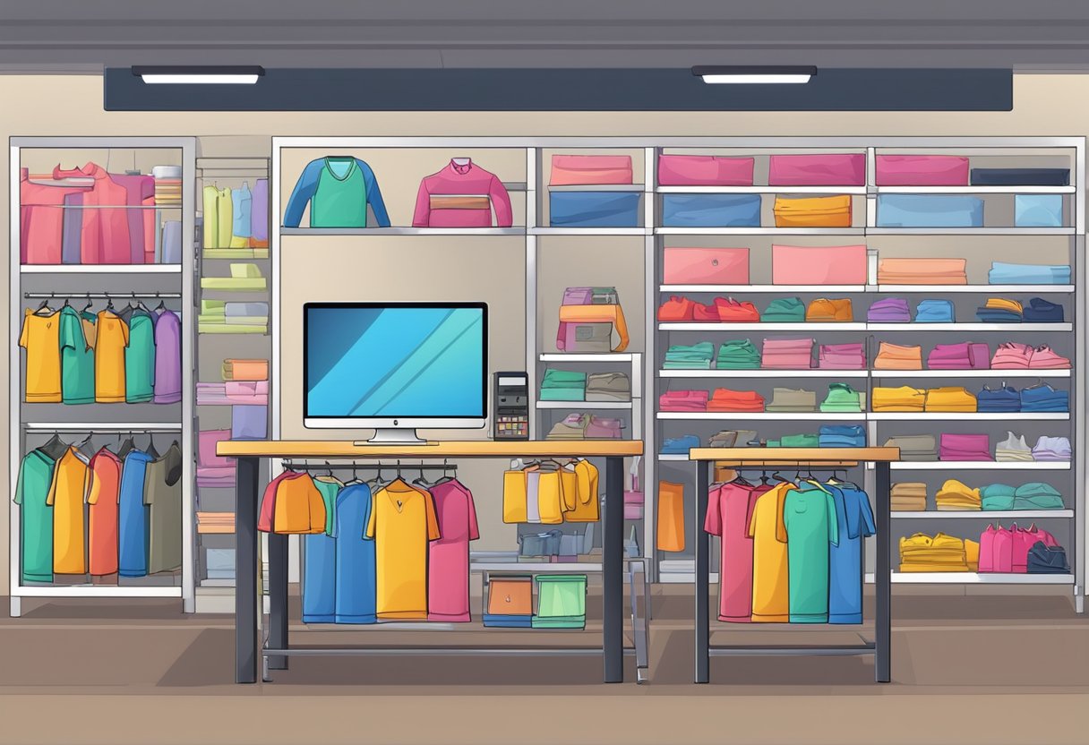 A vibrant online store with a variety of t-shirts displayed on shelves and racks, with a checkout counter and computer for online purchases