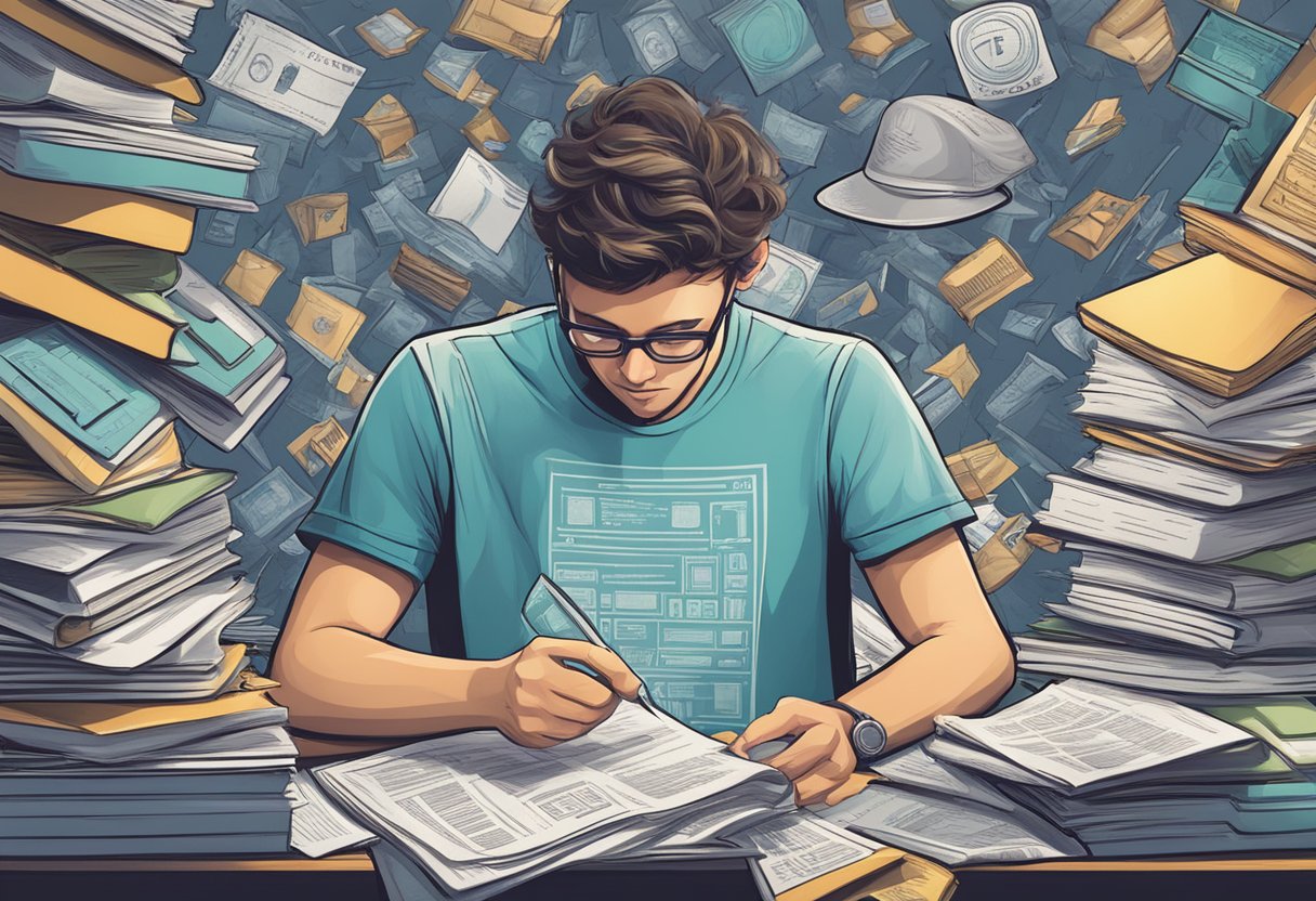 A person researching copyright laws, surrounded by t-shirt designs and legal documents