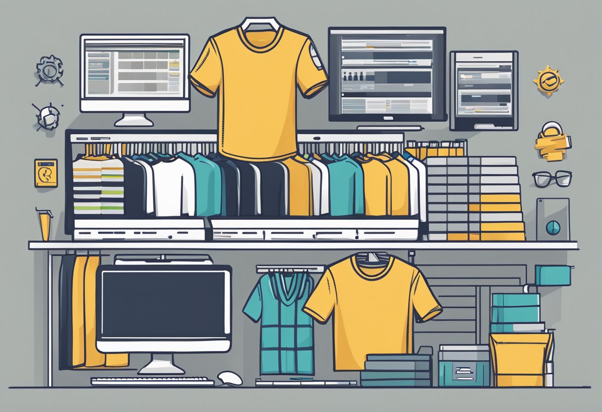 A computer screen displaying various t-shirt designs with options for production and fulfillment services