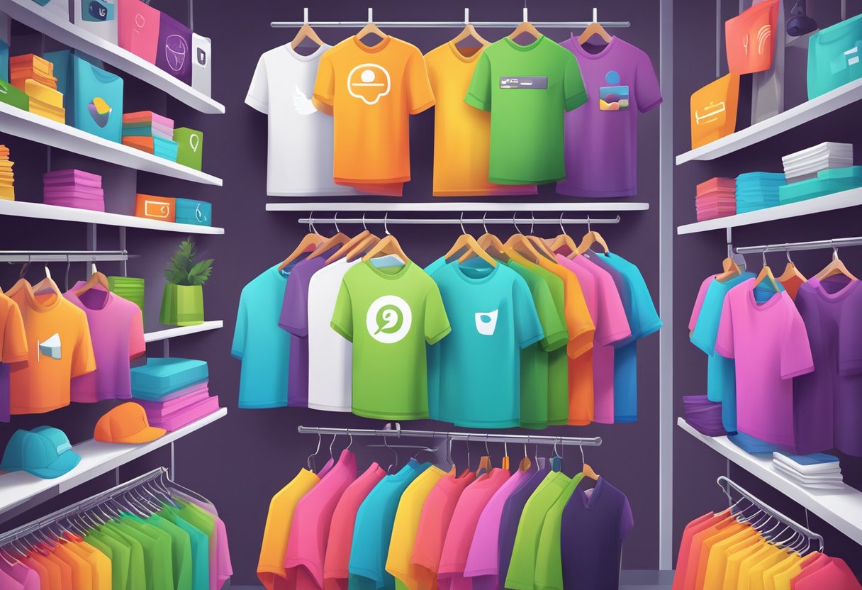 A vibrant online marketplace with colorful t-shirts displayed on virtual shelves, surrounded by icons of social media and secure payment options