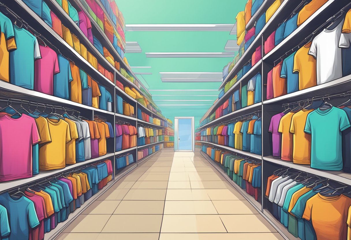 A vibrant online marketplace with rows of colorful t-shirts displayed on virtual shelves