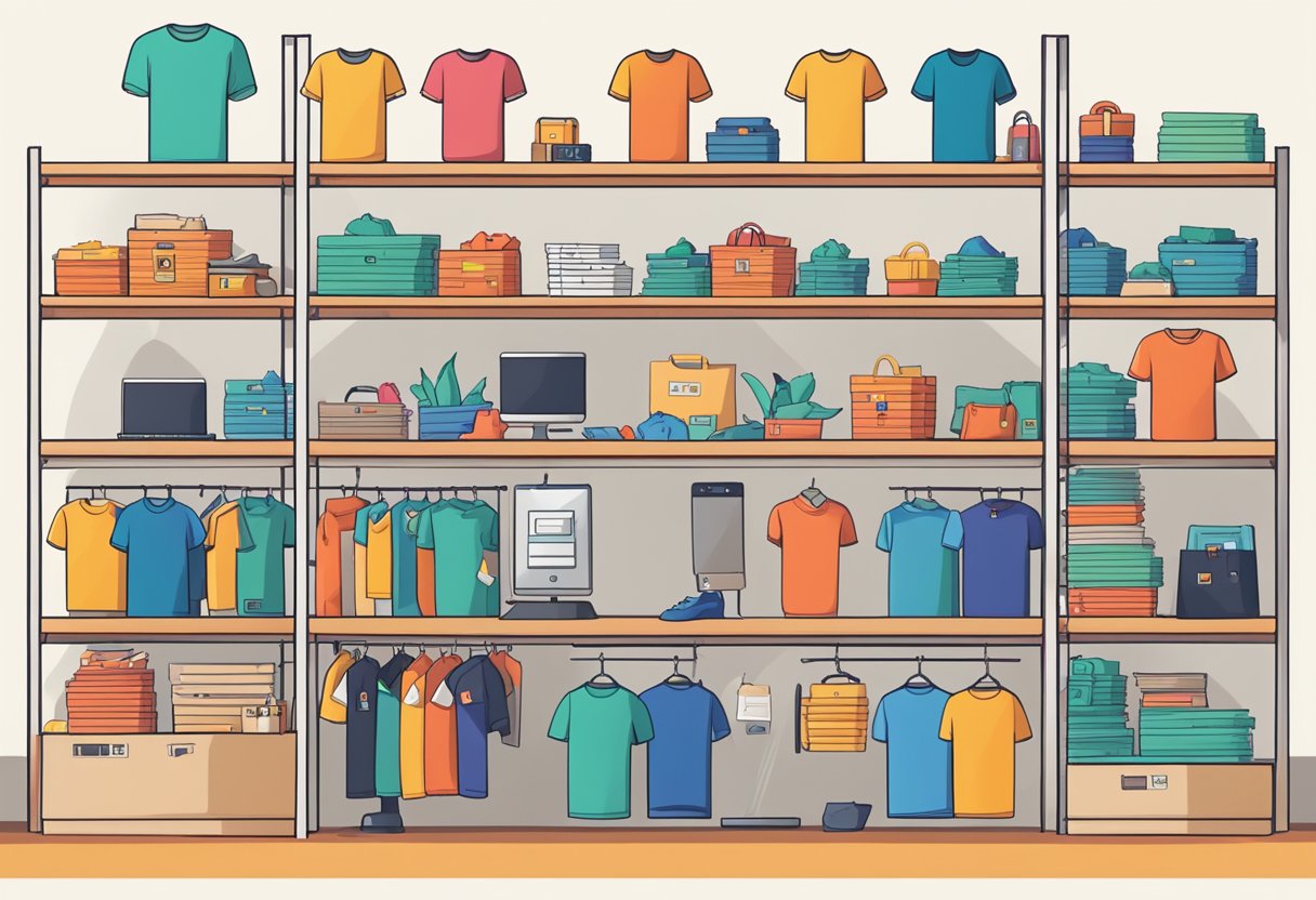 A bustling online marketplace with colorful t-shirts displayed on virtual shelves, surrounded by icons of payment methods and shipping options