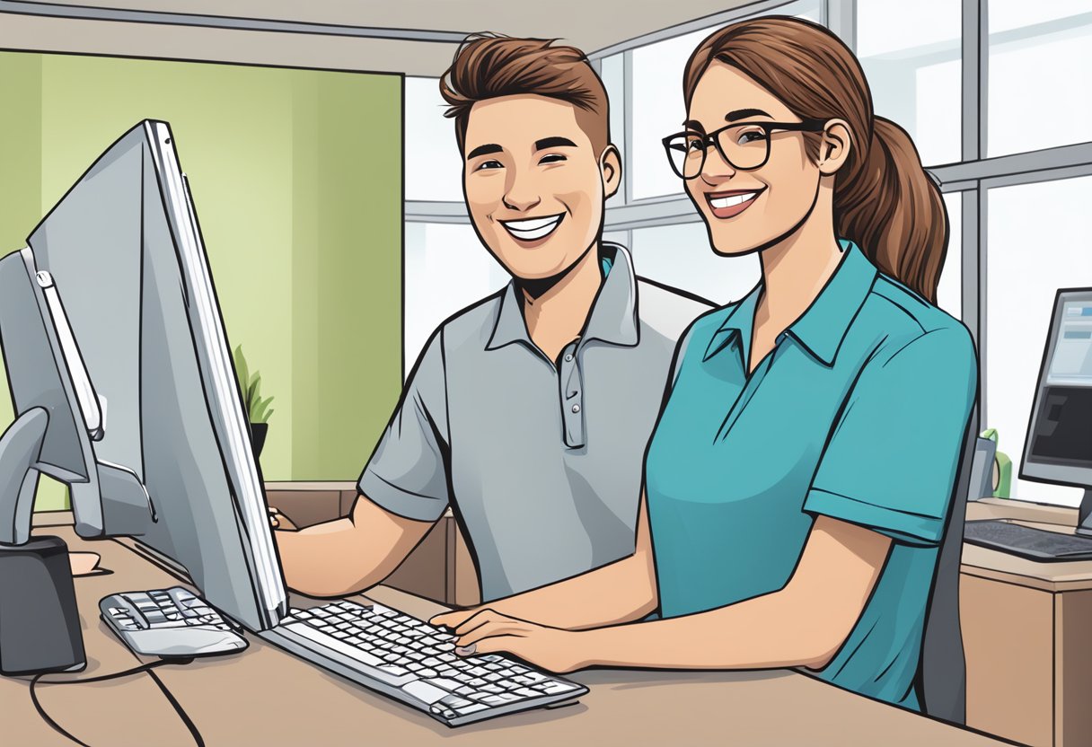 A computer screen showing a customer service representative assisting a happy customer with an online t-shirt purchase