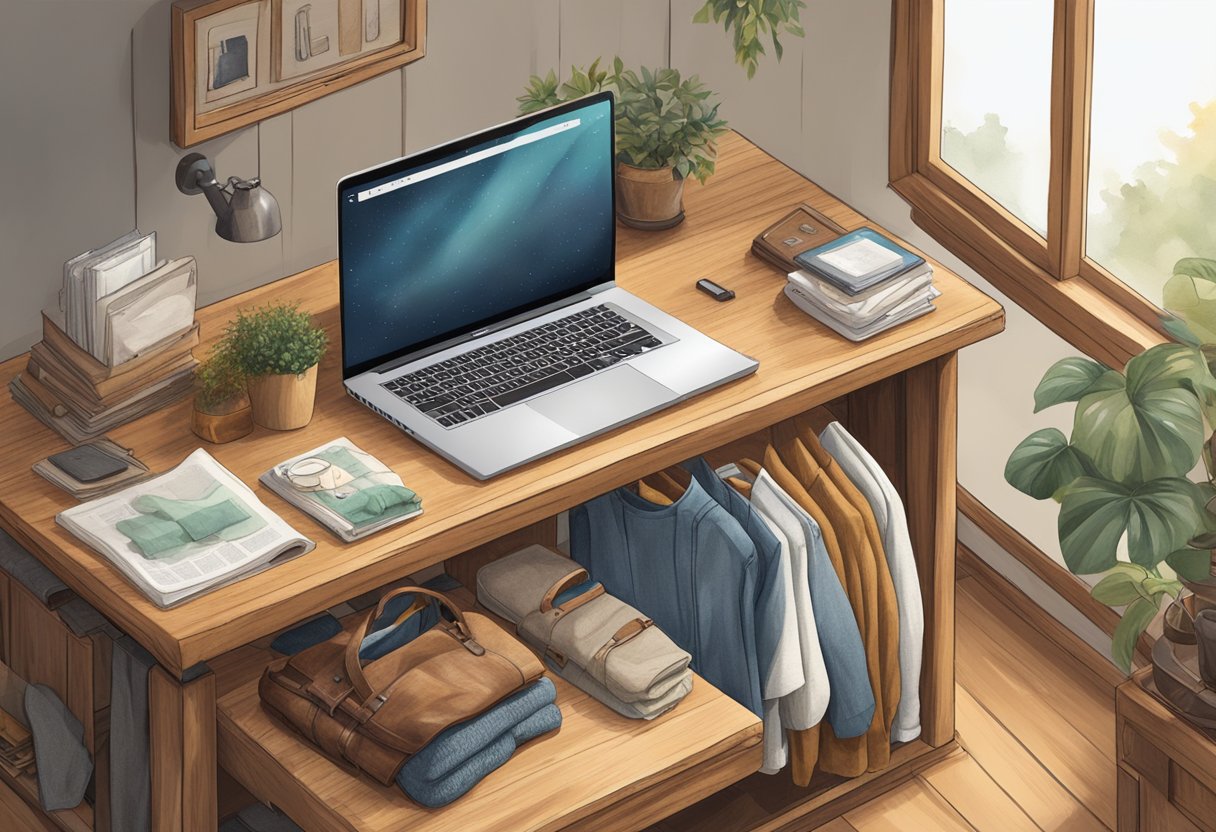 A cozy, well-lit room with a rustic wooden table displaying neatly folded clothing items and a laptop open to an Etsy seller dashboard