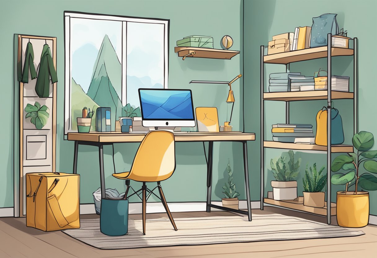 A cozy home office with a laptop, clothing rack, and packaging supplies for selling clothes on Etsy