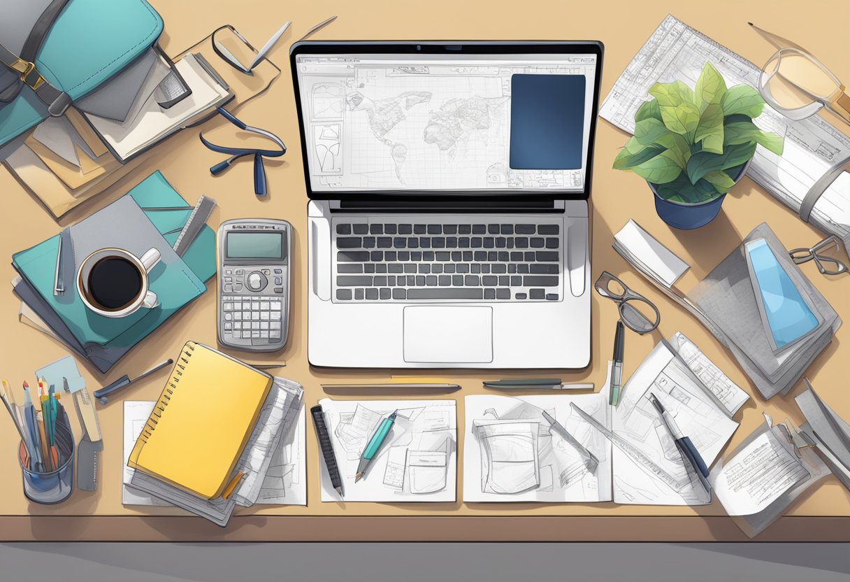 A cluttered desk with a laptop, clothing items, measuring tape, and a notepad with sketches and notes