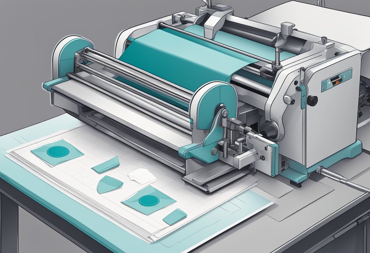 A die-cut machine slicing through thick paper, creating precise shapes. A kiss-cut machine delicately scoring and cutting sticker sheets