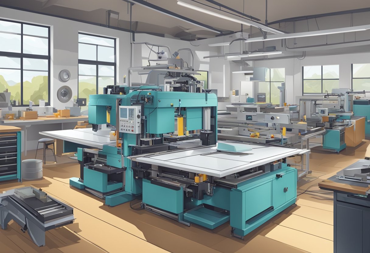 A pair of die cut and kiss cut machines in a bright, modern workshop with various materials and samples scattered around