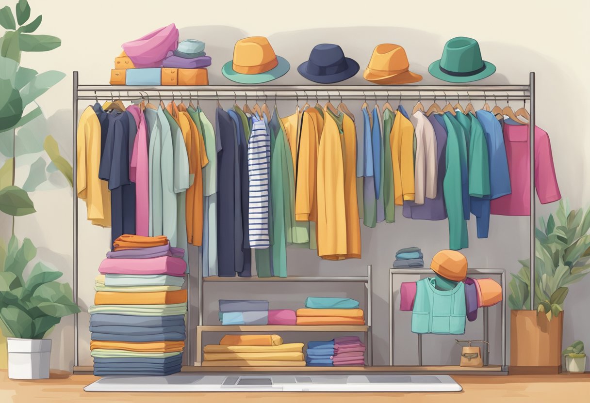 A clothing rack filled with colorful handmade garments, neatly organized and displayed in a well-lit room with a computer and packaging materials nearby