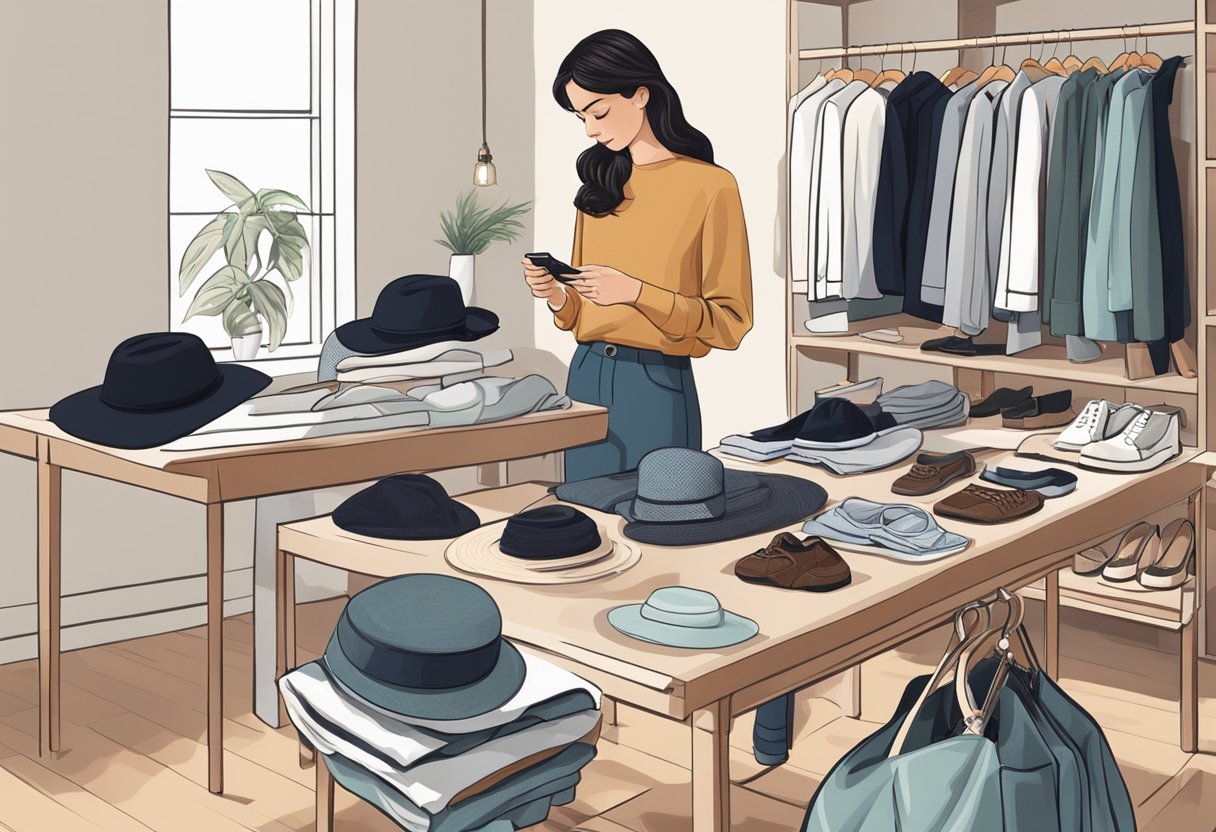 A woman neatly arranges a variety of clothing items on a table, carefully photographing each one to showcase their unique features and styles