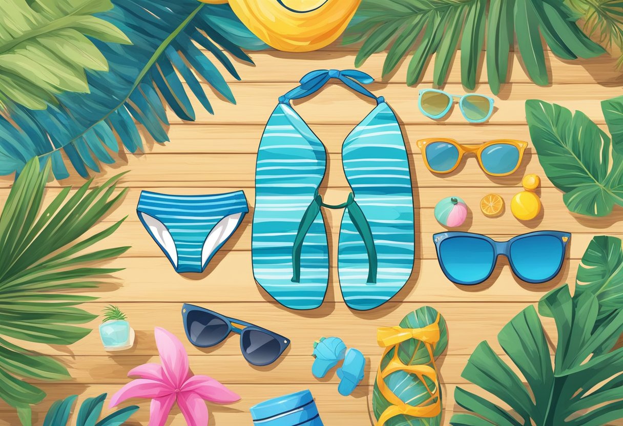 A sunny beach with colorful swimwear designs laid out on a wooden table, surrounded by tropical plants and a clear blue ocean in the background