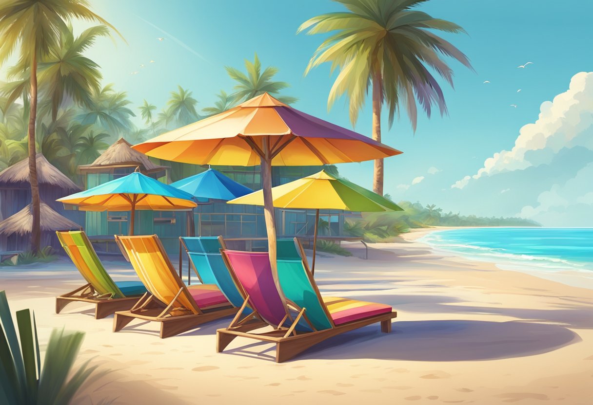 A sunny beach with colorful umbrellas and lounge chairs, overlooking crystal clear water and palm trees, with a few surfboards leaning against a nearby hut