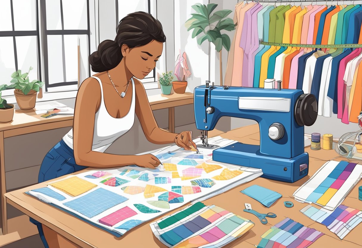 A designer sketching swimwear patterns surrounded by fabric swatches, measuring tape, and a sewing machine. Quality control checks being performed on finished swimsuits