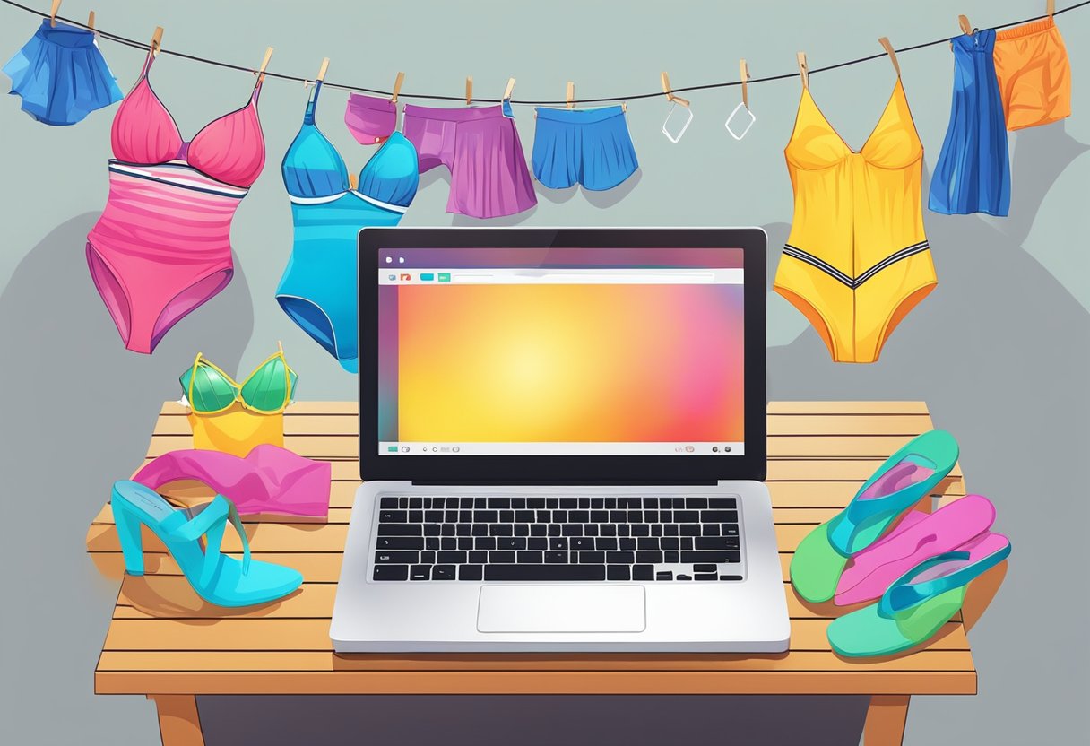 A beach with a colorful array of swimwear displayed on a line, with a laptop and social media icons in the background